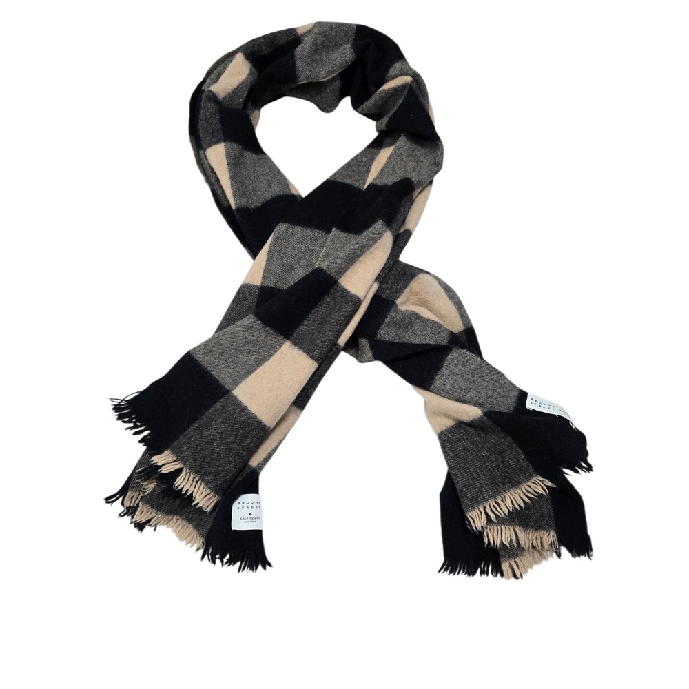 Kate Spade Broome Street Buffalo Plaid Scarf Black Grey Tan Fringe Wrap 80x28